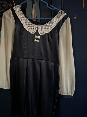Satin Navy Miss Patina Anthropologie Dress with Cream Lace Collar and Sleeves